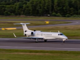 White small plane landing at Torp Airport in the summer. Blurry green background.